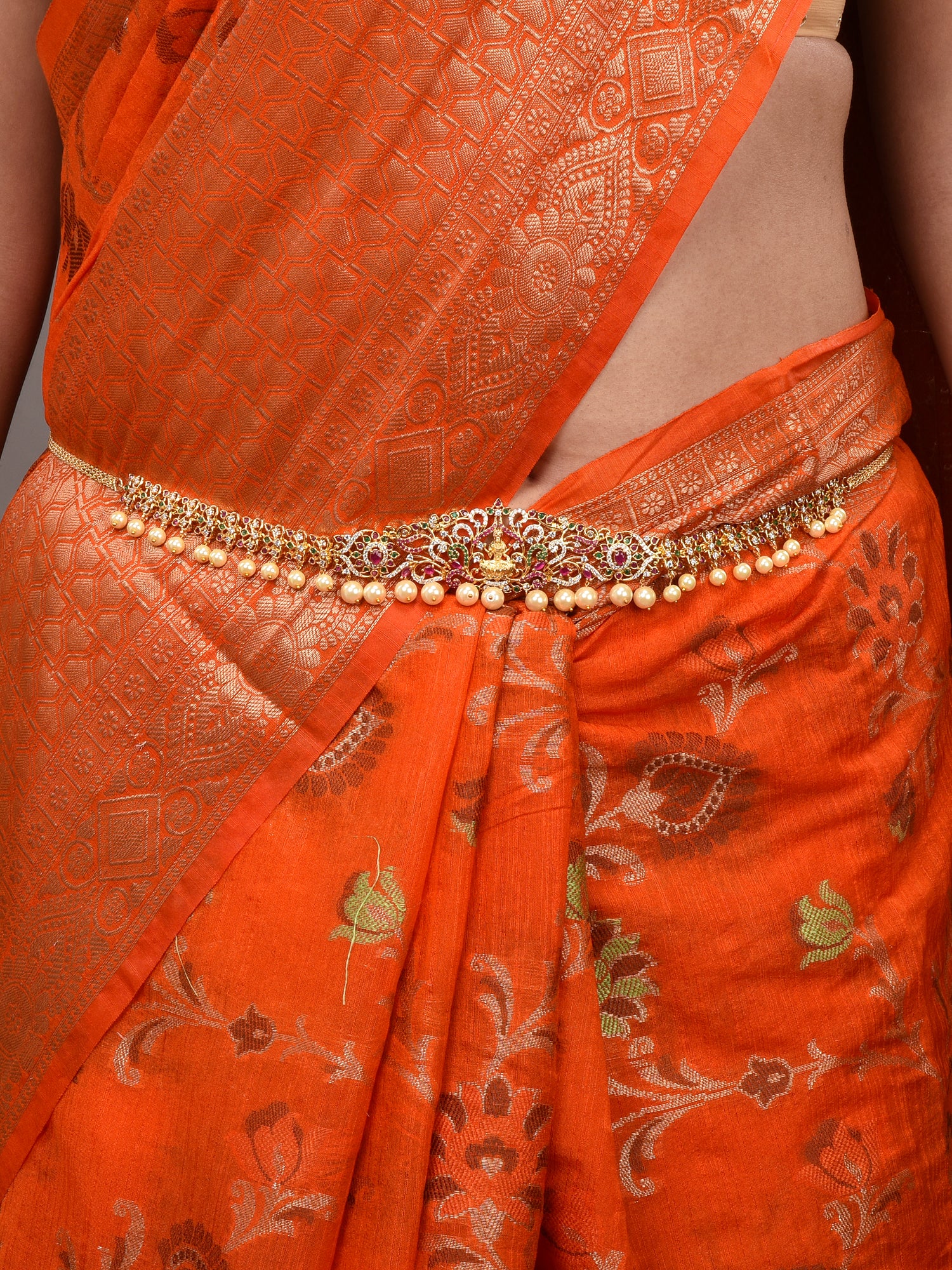 Red & Green AD STUdded Gold Plated Goddess Lakshmi Templef Kamarbandh, zaveri pearls, sale price rs, sale price, sale gold plated, sale gold, sale, rubans, ring, regular price, priyassi jewel